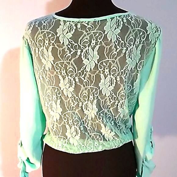 BONGO Tops - Bongo lace back, waist tie sheer pastel button down blouse